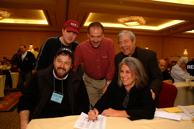 BK: Tyler Hinman, Will Shortz, Marty Markowitz. FR: Patrick Creadon, Jamie Markowitz